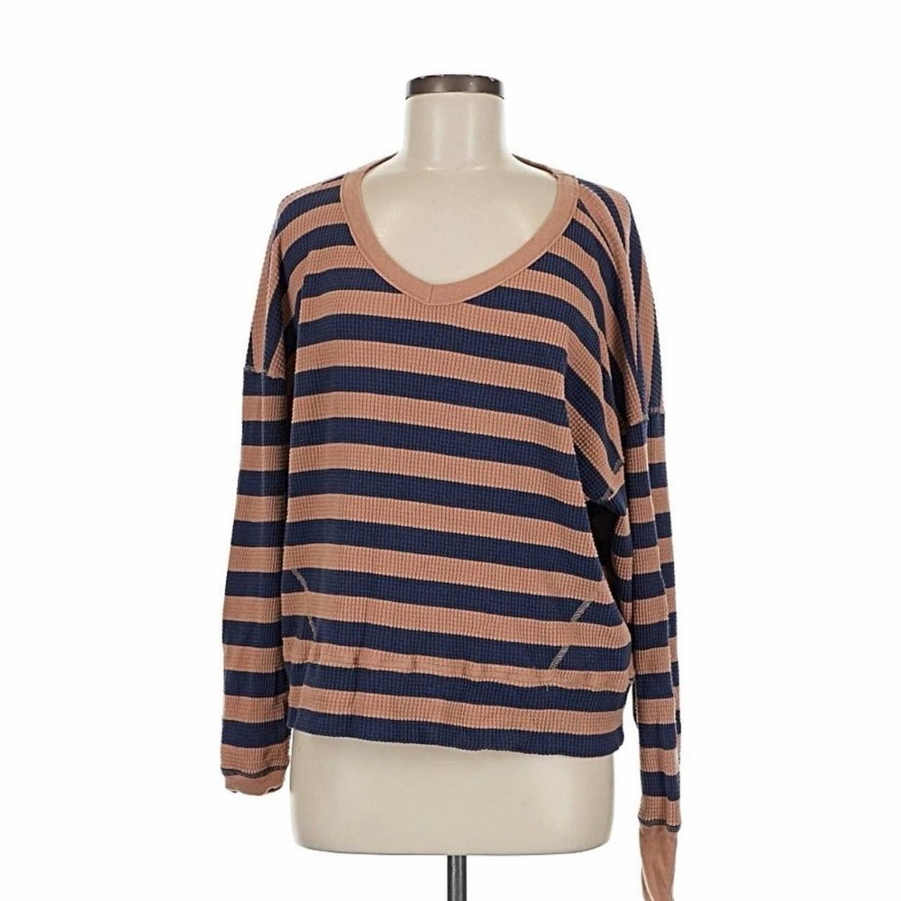 Aerie Navy and Tan Striped V-Neck Sweater